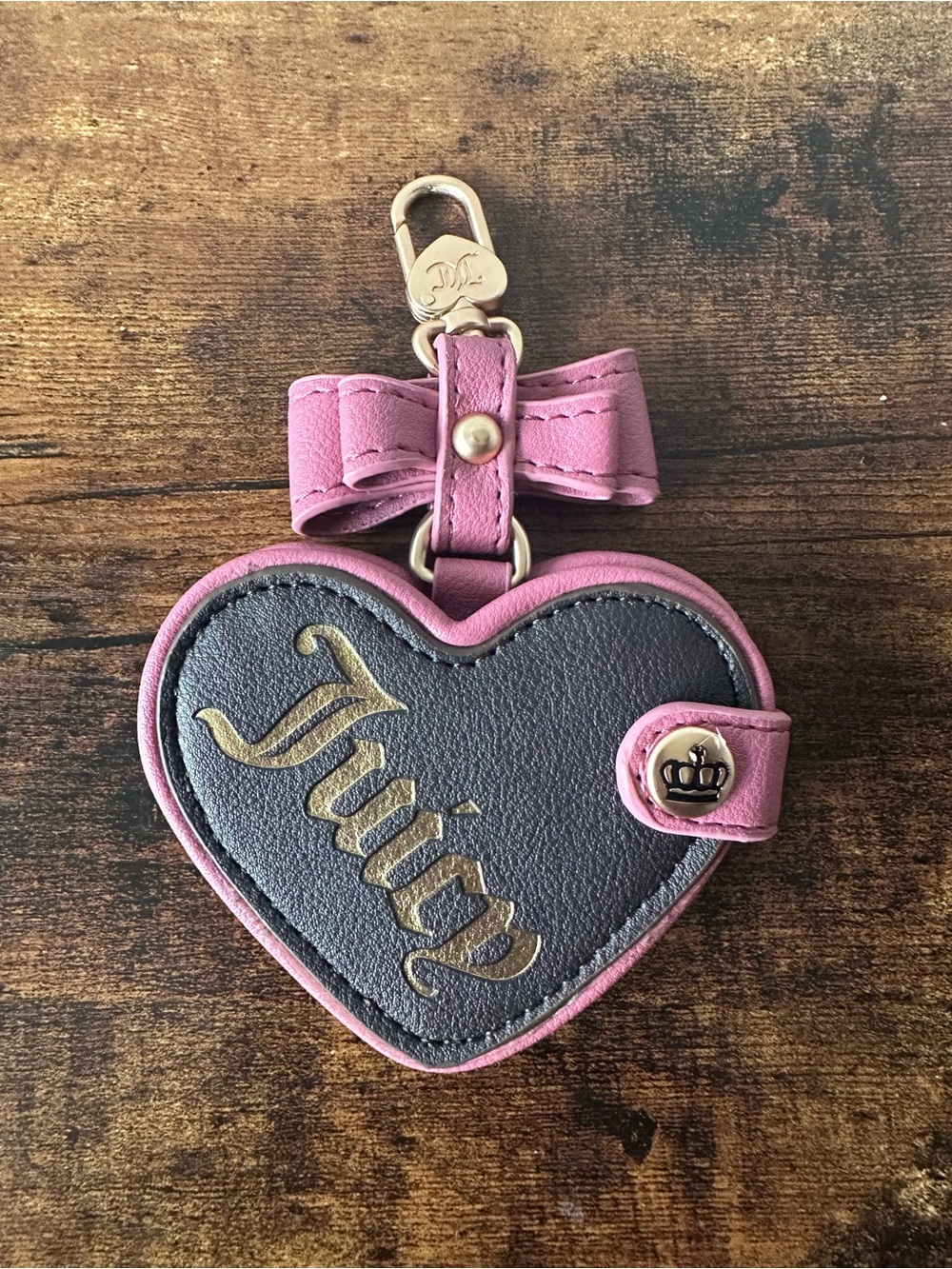 Juicy Couture Dark Brown Heart Bag Charm Keychain with Pink Bow & Mirror NWOT